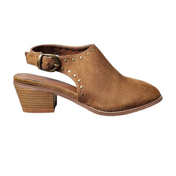 Amanda Blue Walnut Suede Studded Block Heel Bootie Mule - Picture 1 of 12